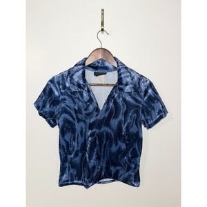 ANXIETY 90s Y2K Velour Burnout Short Sleeve Blue V Neck Tee Shirt Women's| M